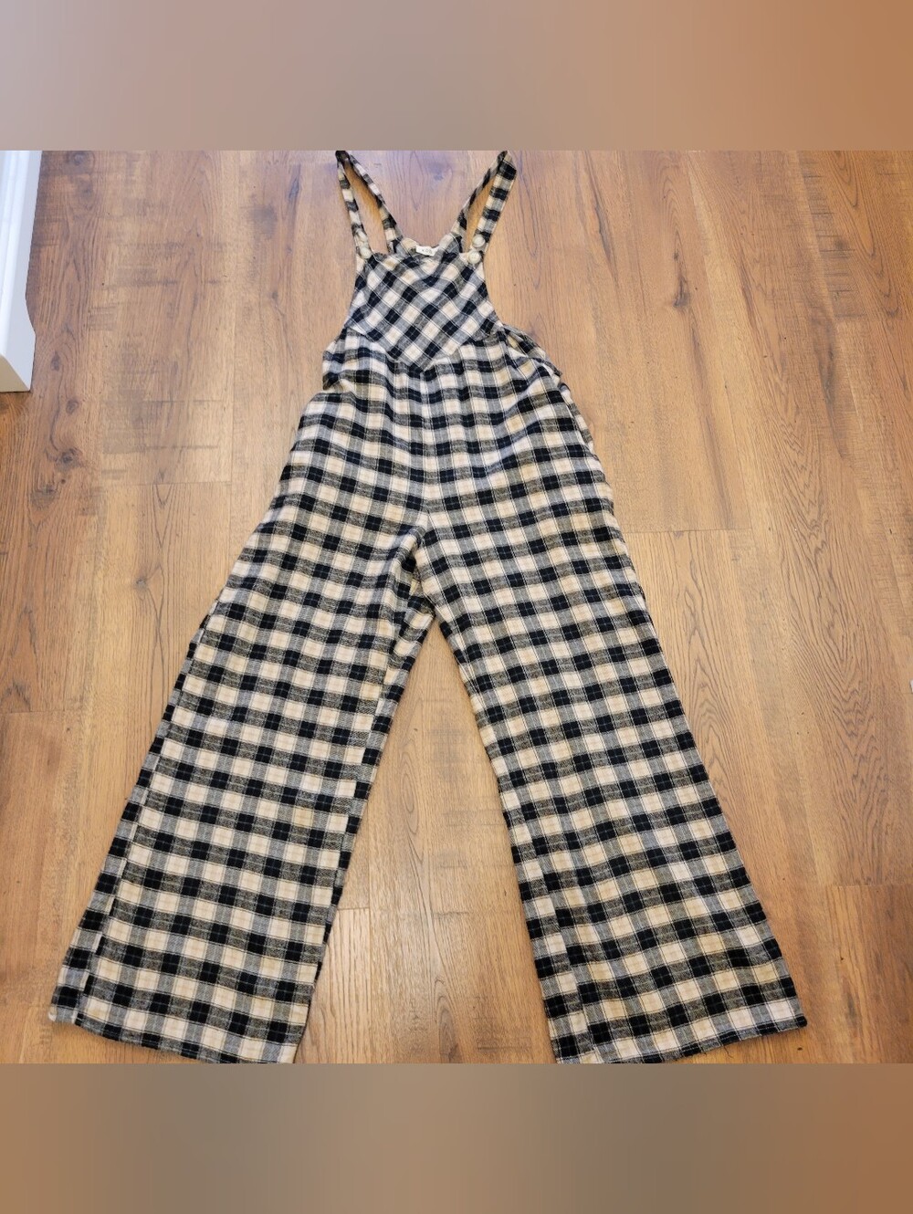 Checked Plaid Wide-Leg Overalls - Black & Cream